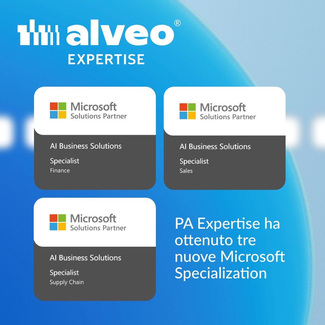 PA Expertise: tre badge Microsoft Solutions Partner AI Business Solutions Specialist per Finance, Sales e Supply Chain